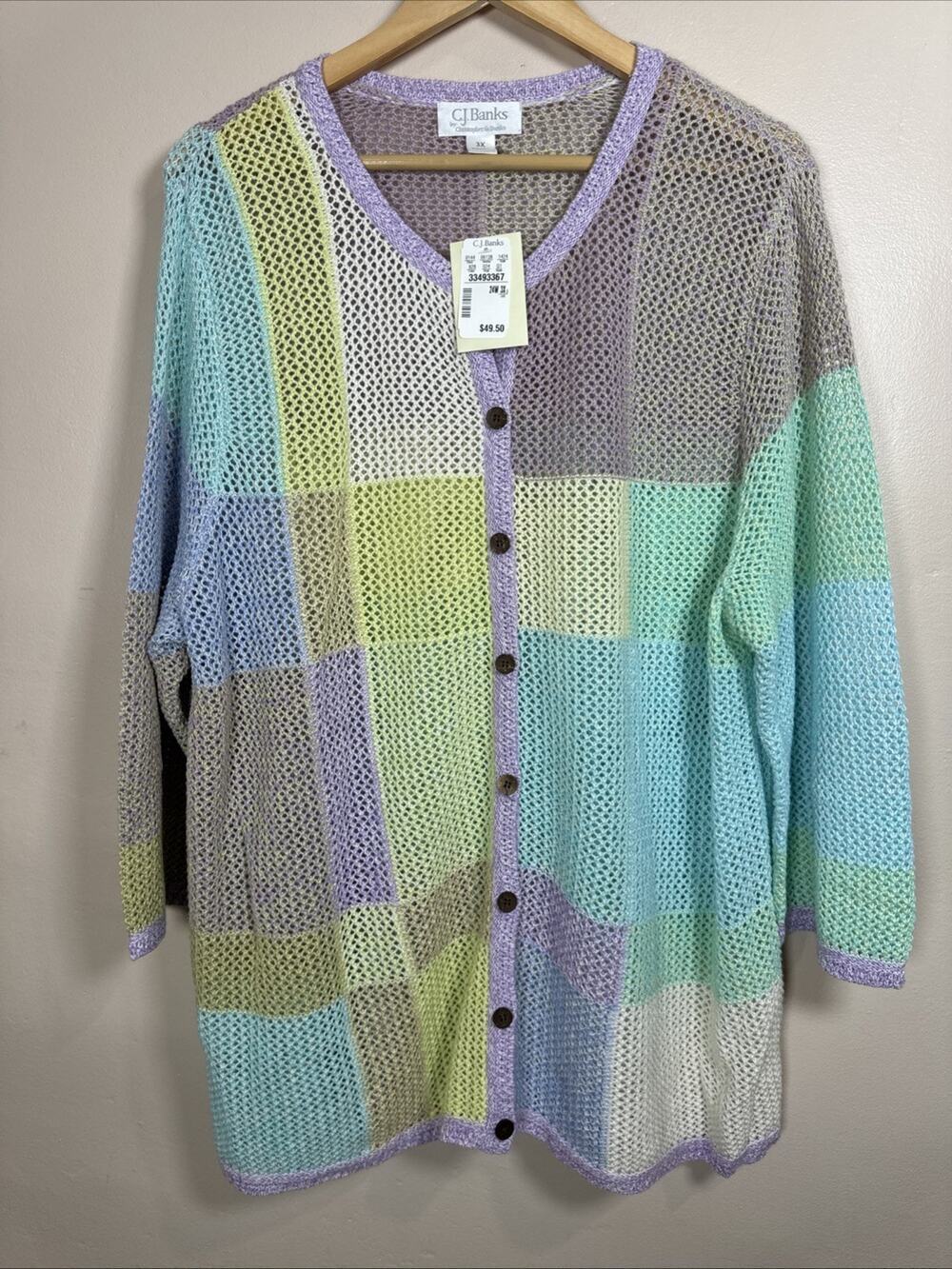 NWT C.J. Banks Open Knit Patchwork Cardigan Cottagecore MSRP $50 Coastal 3X